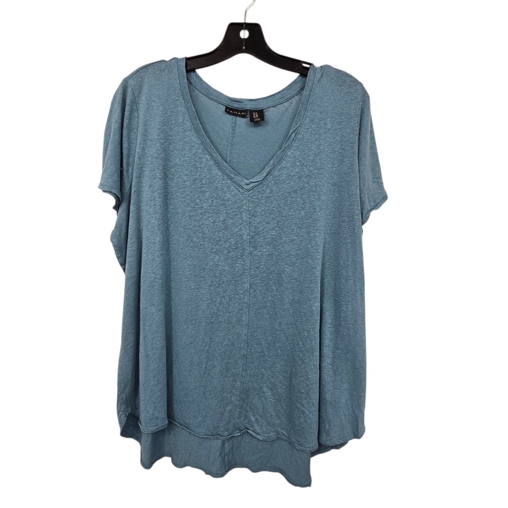 Tahari‎ V-Neck Short Sleeve Hi-Low Hem Tunic Top Womens 1X Blue Linen Lyocell